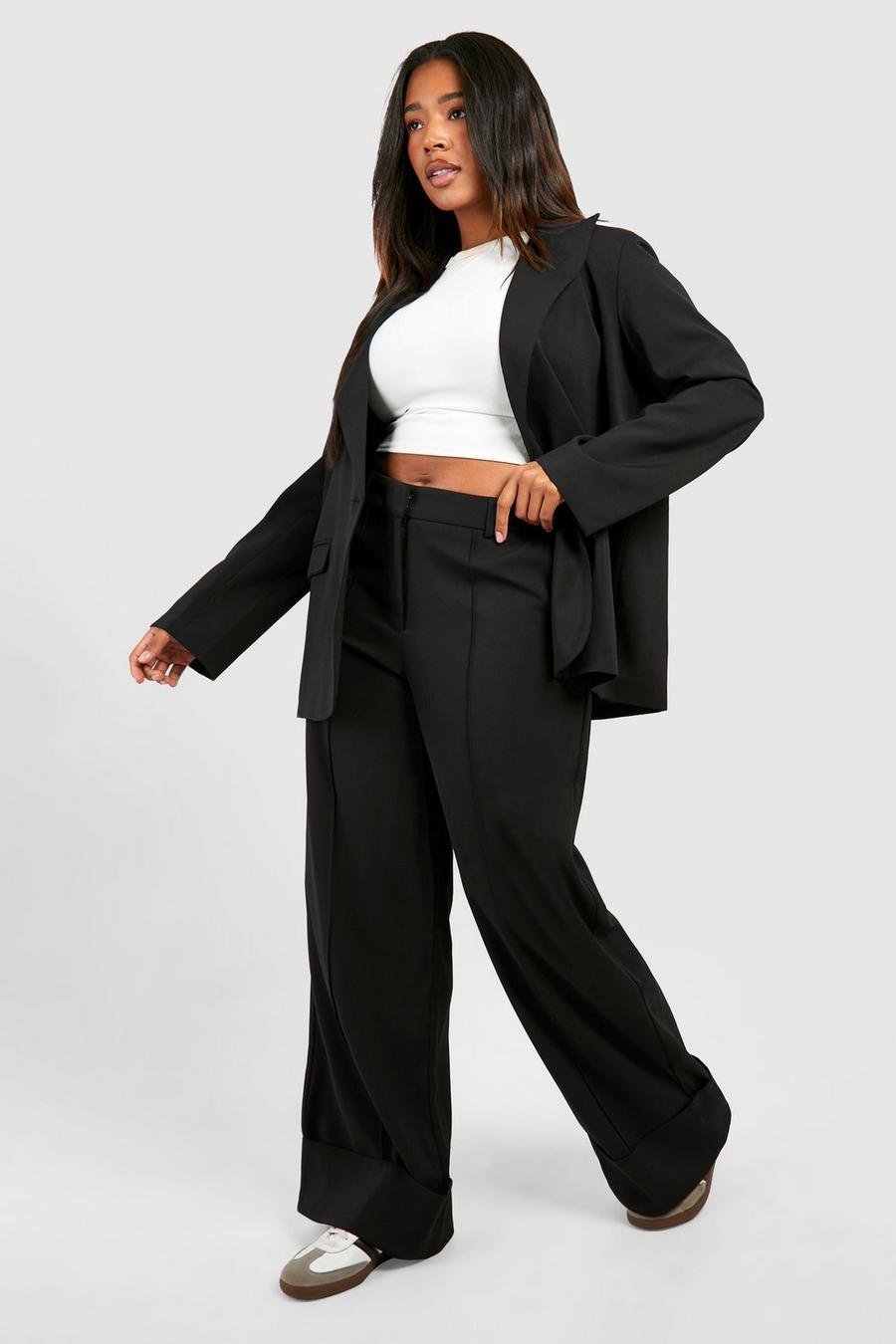 Black Plus Turn Cuff Wide Leg Relaxed Fit Tailored Trousers
