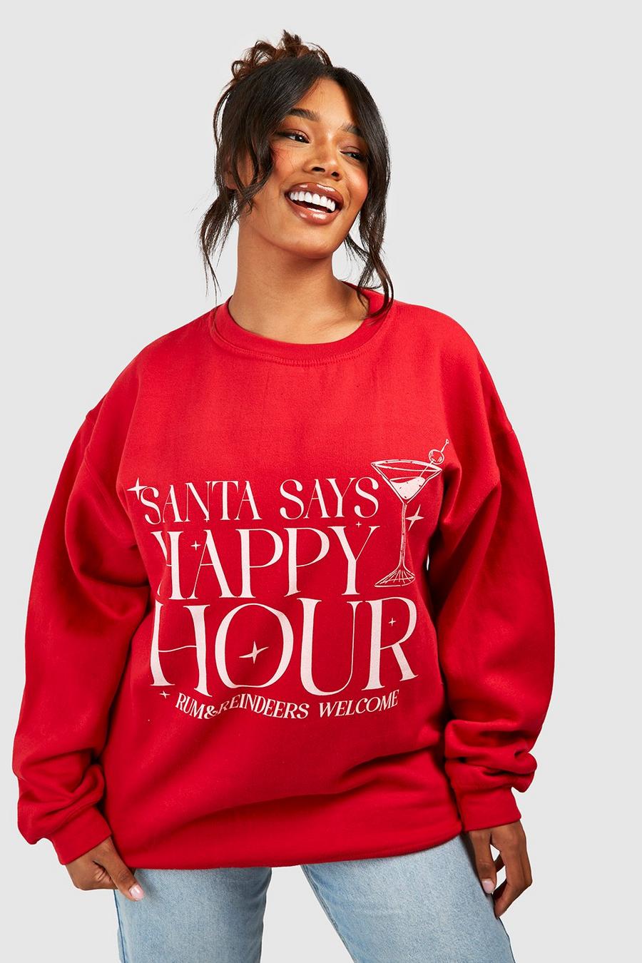 Felpa Plus Size natalizia con scritta Happy Hour, Red