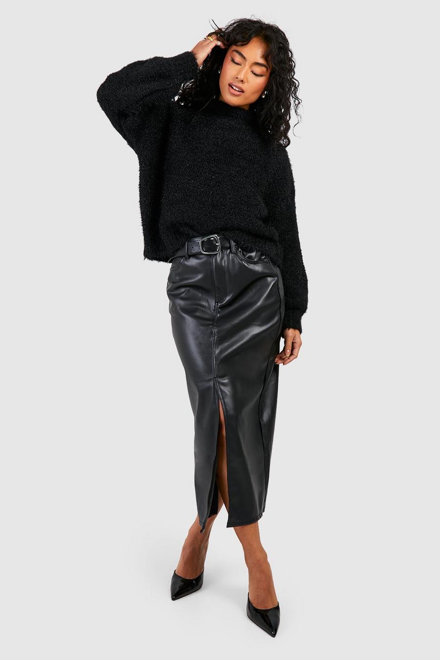 Black Leather Look Split Midi Skirt 