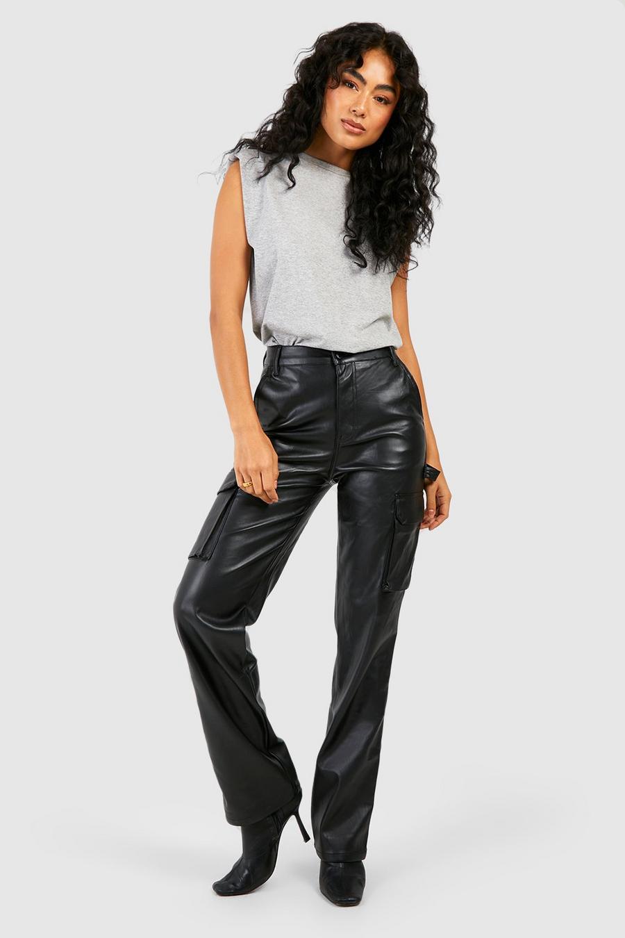 Black Leather Look Straight Leg Cargo Trousers 