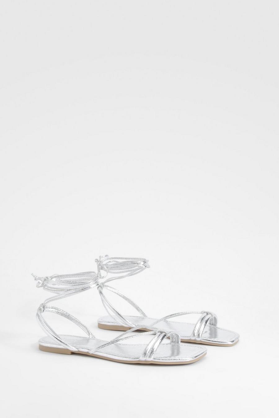 Silver Wide Fit Metallic Wrap Up Sandals