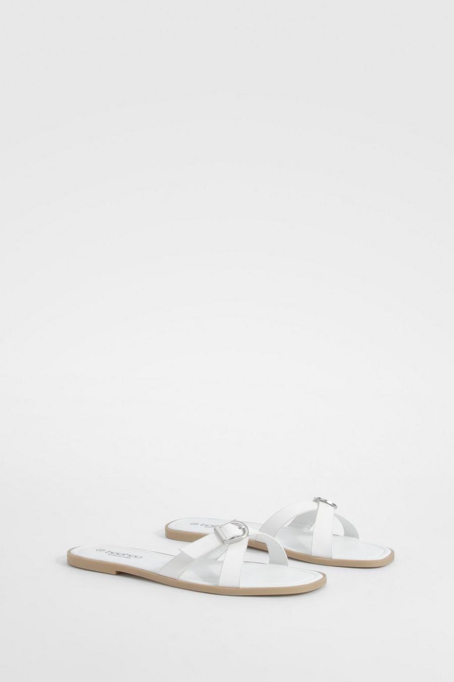 White Crossover Buckle Mule Sandals