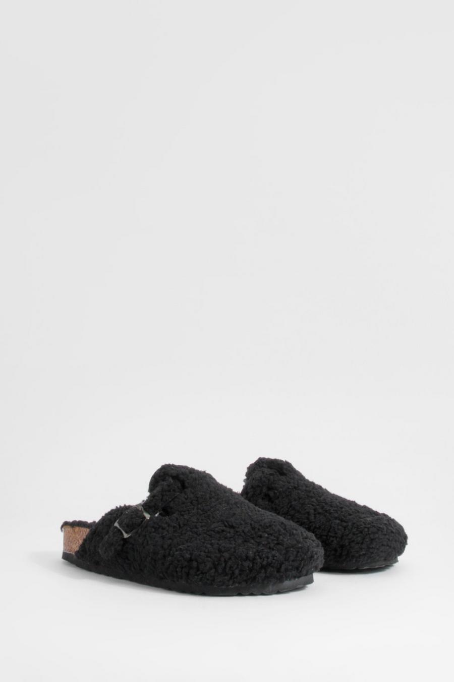 Zoccoli a calzata ampia in pile borg, Black image number 1