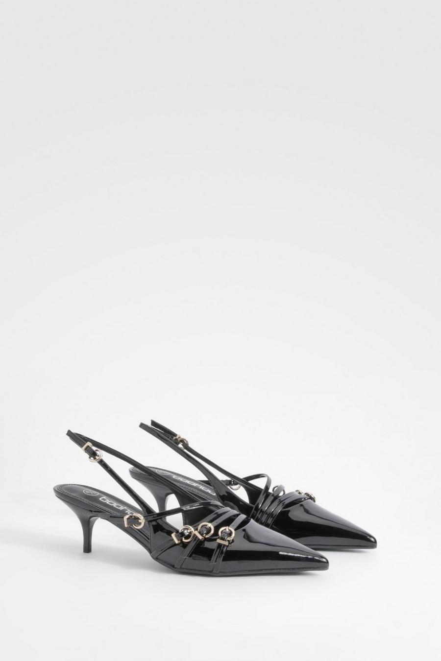 Black Low Stiletto Buckle Detail Pointed Court Shoes