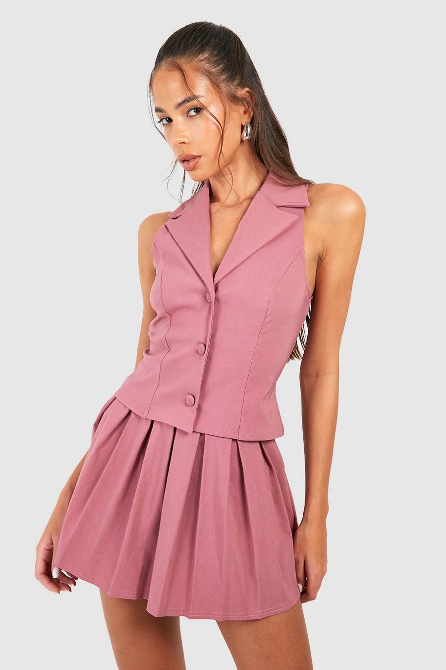 Rose Plunge Front Vest & Pleated Mini Skirt