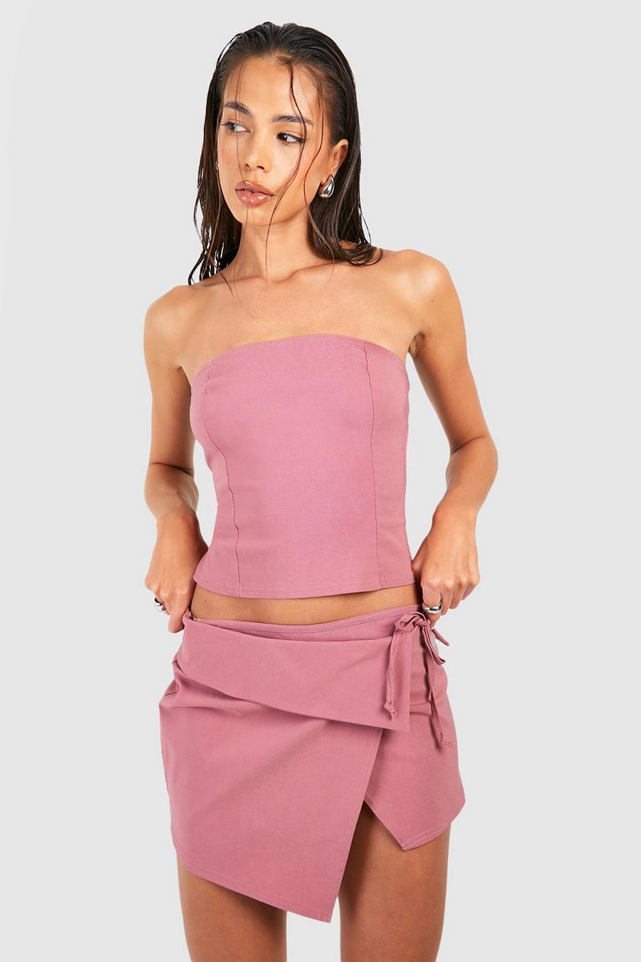 Rose Long Line Bandeau Top En Asymmetrisch Mini Rokje