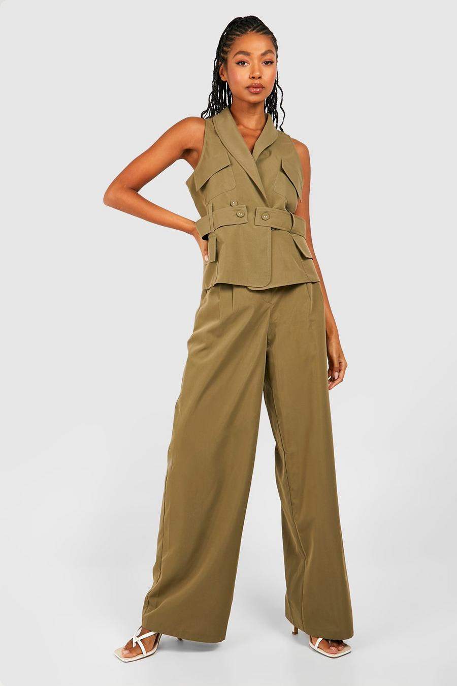 Khaki Pleat Front Wide Leg Tailored Trousers image number 1