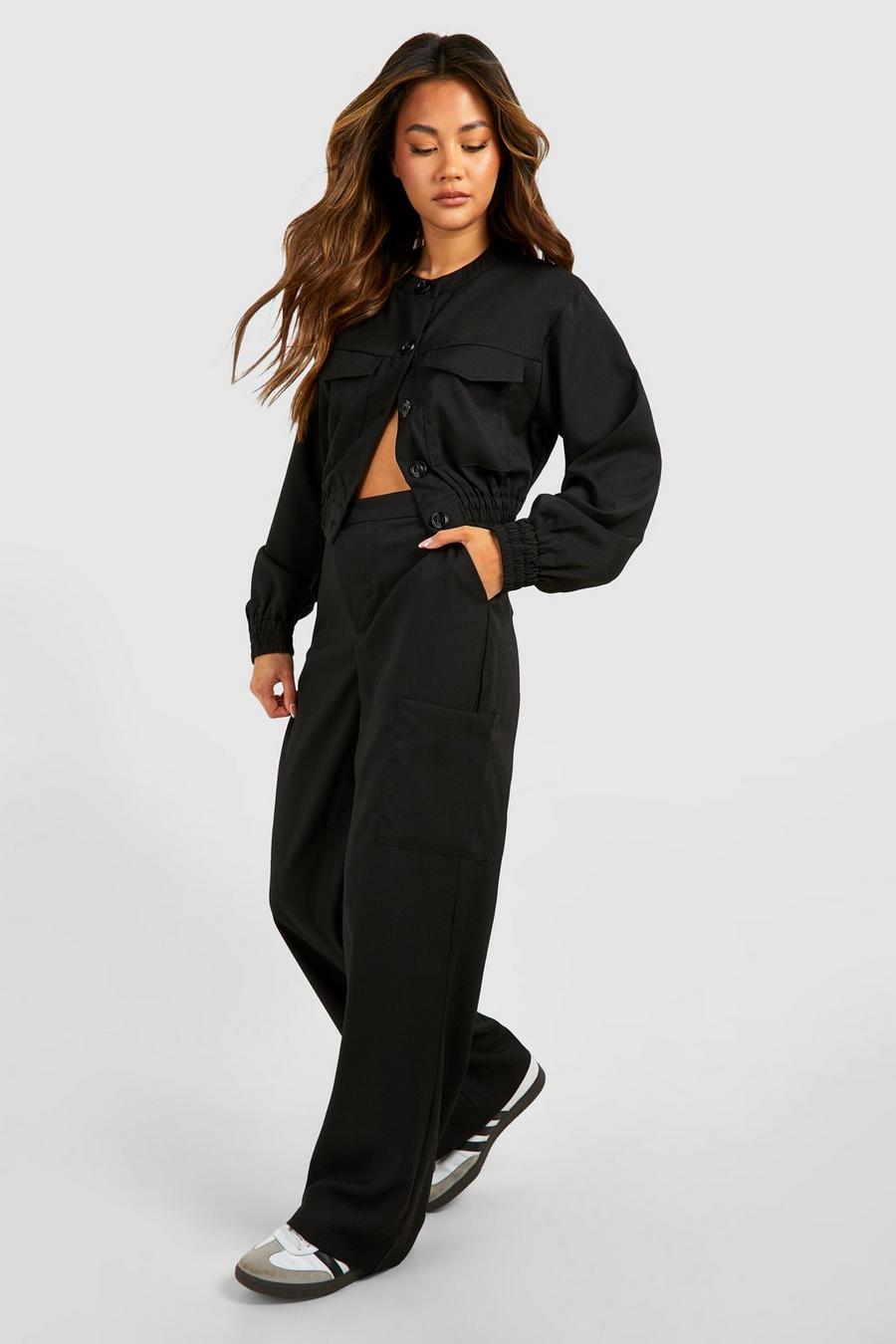 Black Linen Look Asymmetric Front Relaxed Fit Trousers image number 1