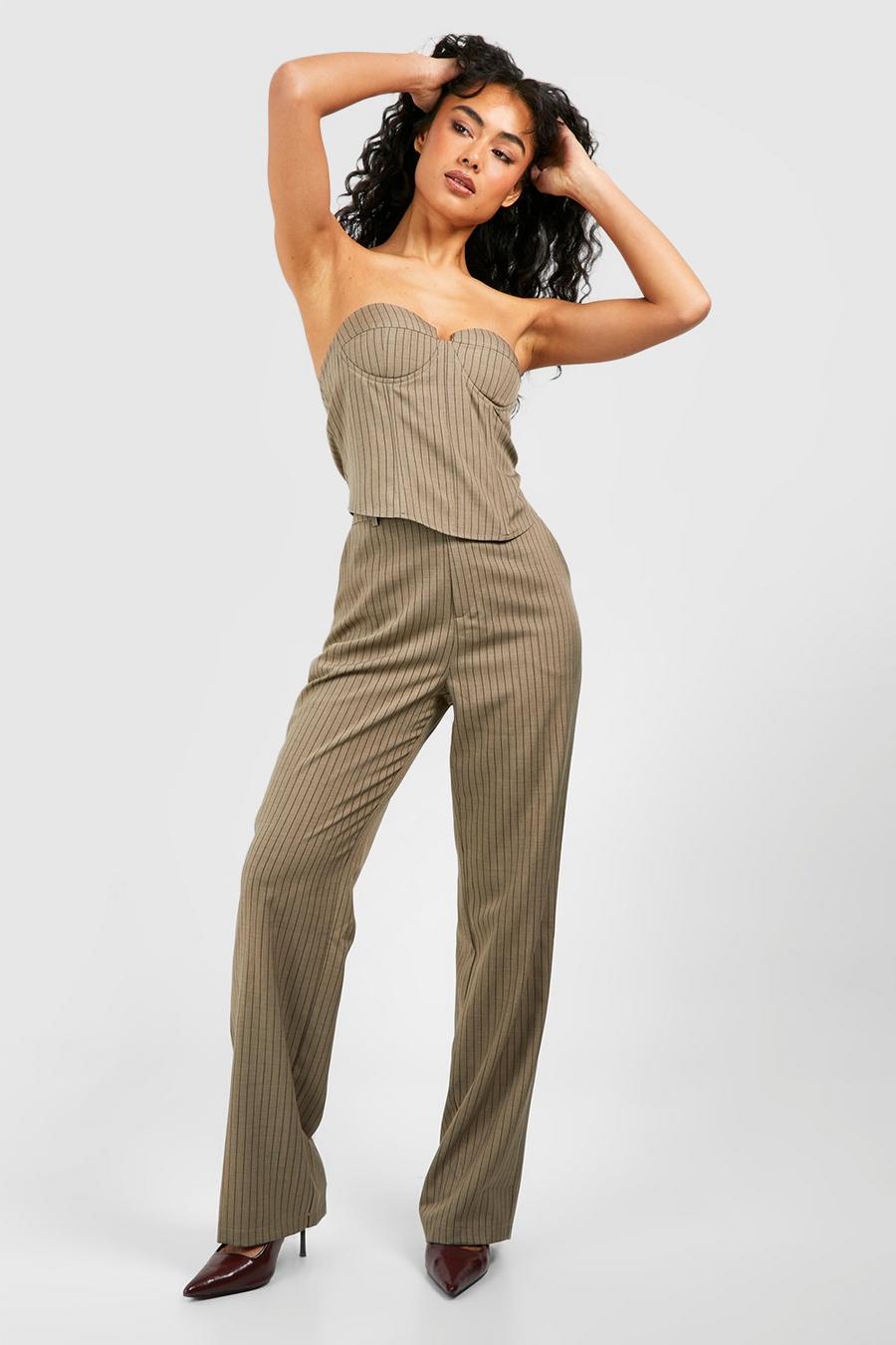 Taupe Linen Look Pinstripe Straight Leg Trousers image number 1