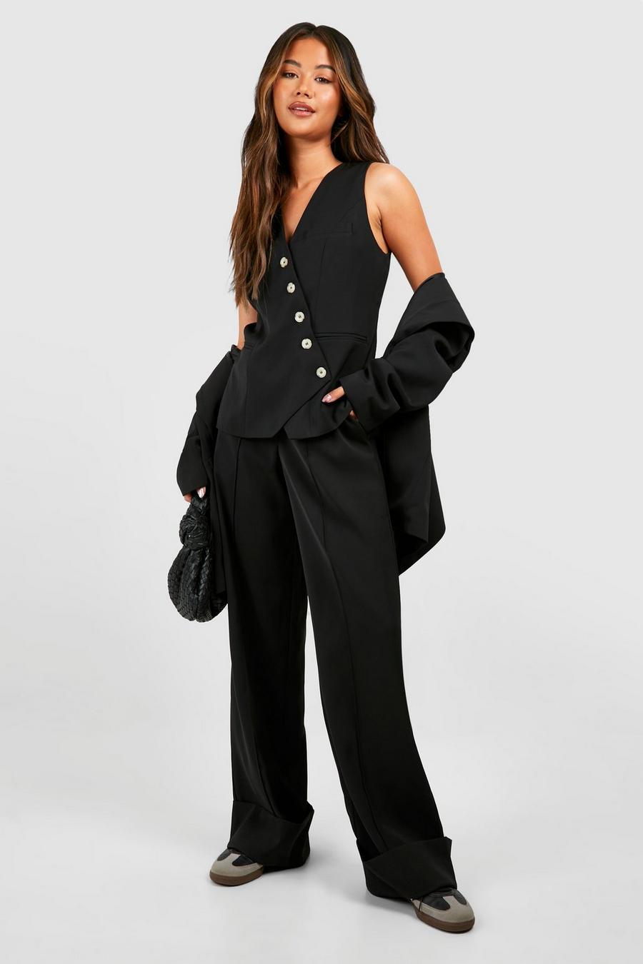 Black Turn Cuff Wide Leg Relaxed Fit Tailored Trousers
