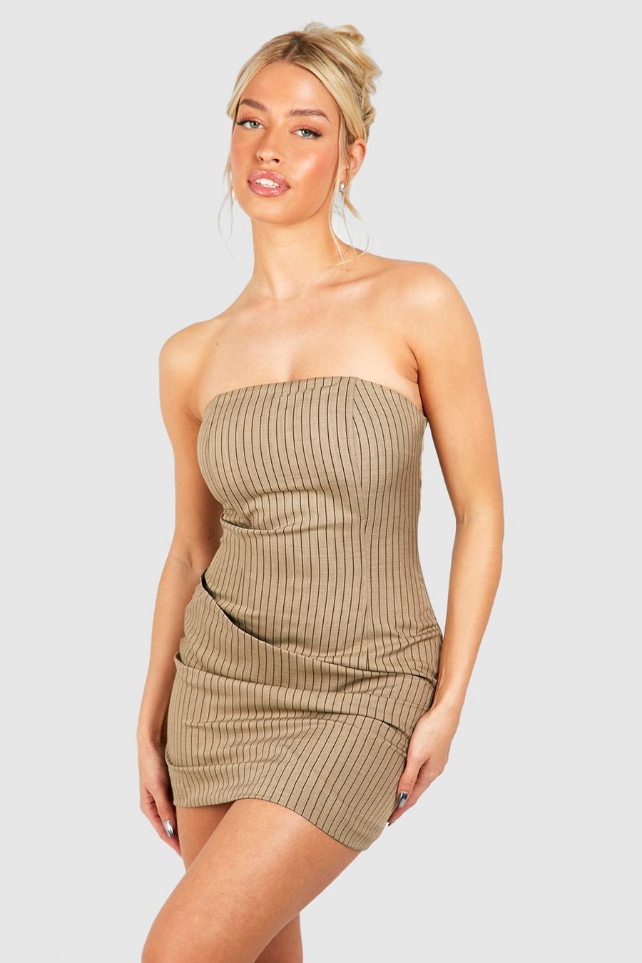 Robe corset à rayures fines, Taupe