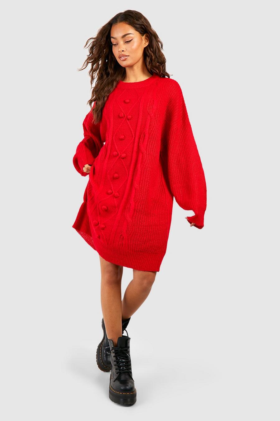Red Kabelstickad kort klänning image number 1