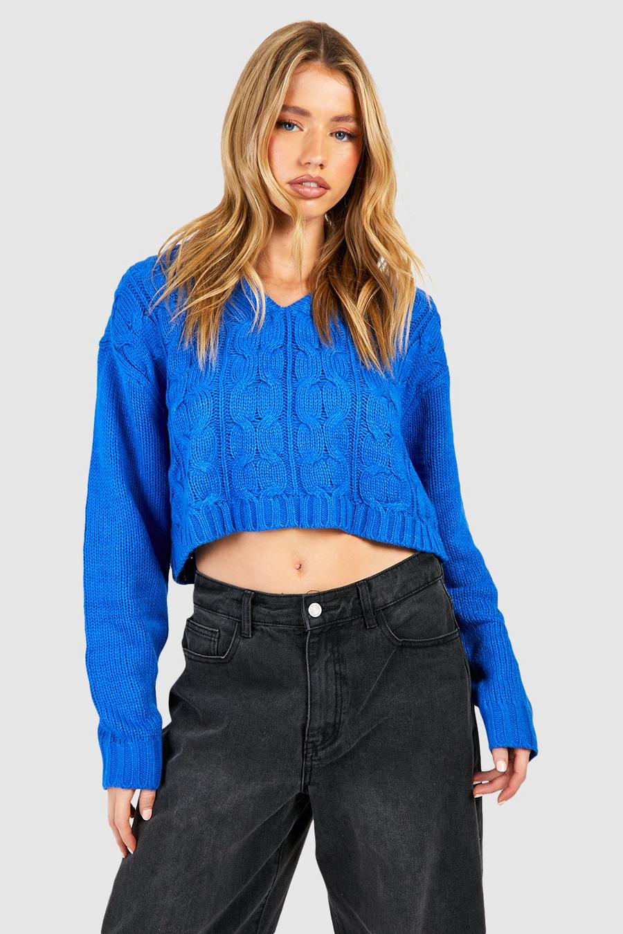 Blue Cable Knit Hooded Crop Sweater