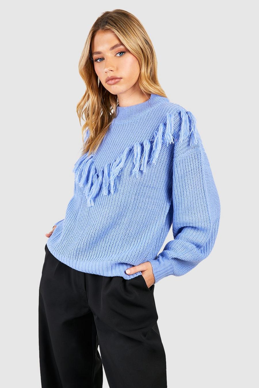 Maglione in maglia con nappe, Baby blue