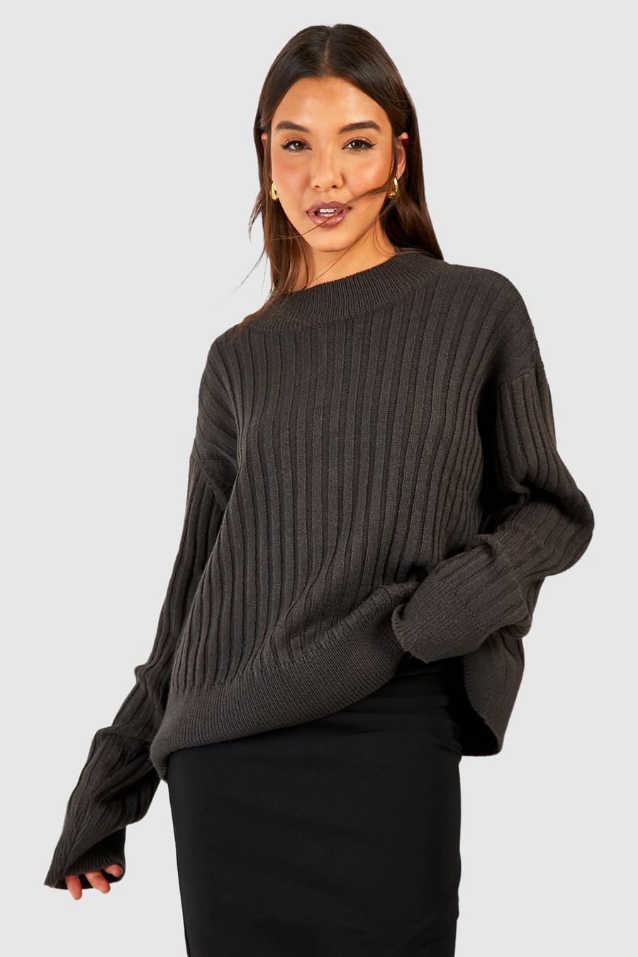 Charcoal Ribbed Crew Neck Knitted Jumper image number 1