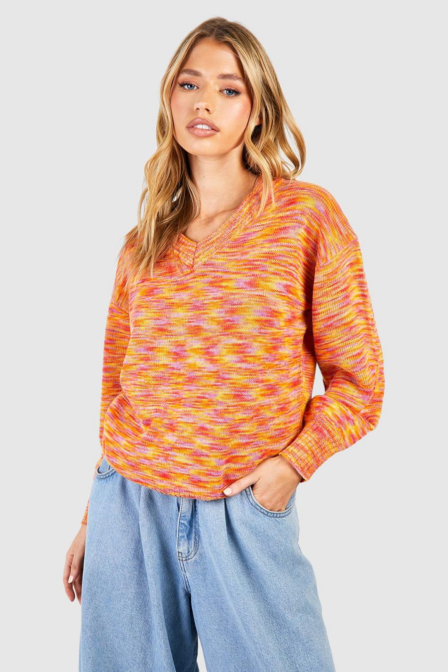 Orange Space Dye V Neck Knitted Sweater