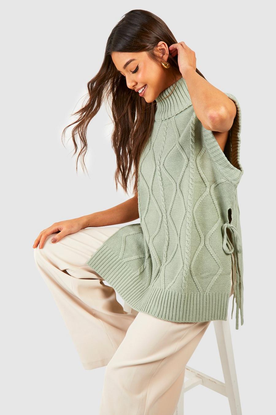 Sage Tie Side Cable Knit Roll Neck Tunic