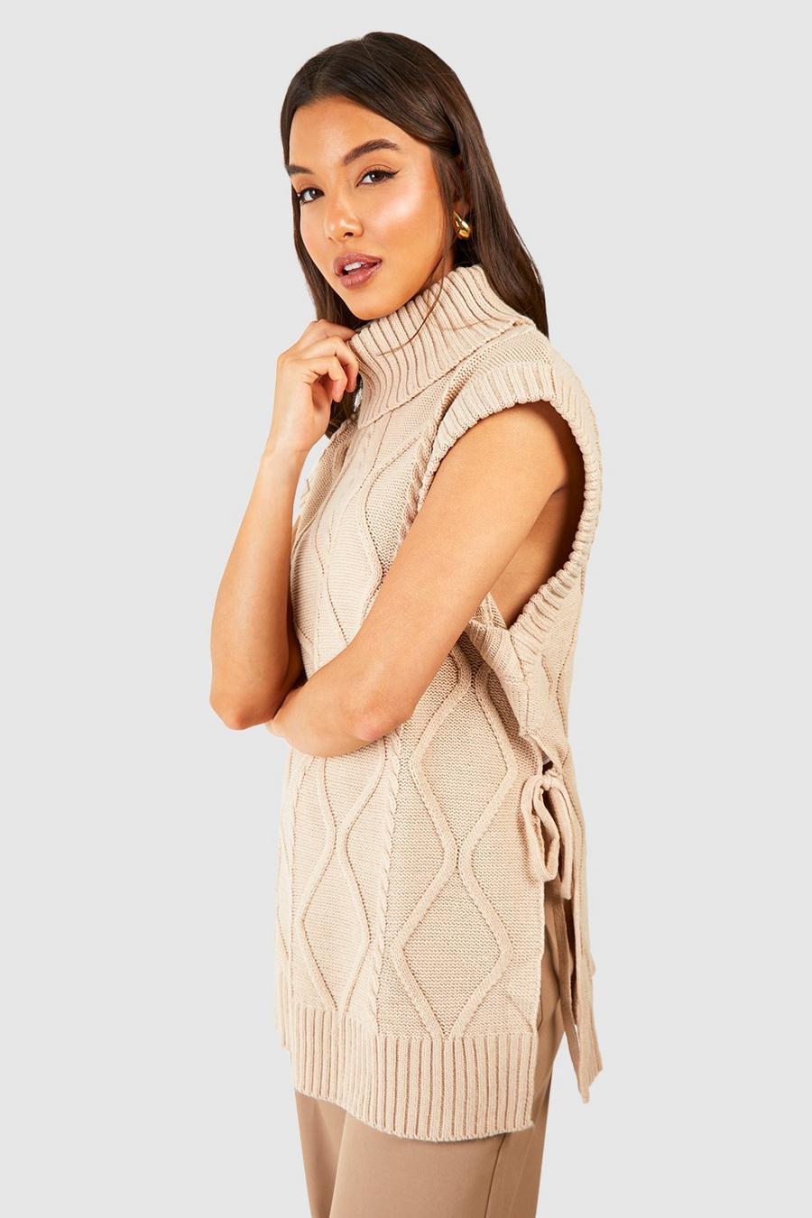 Stone Tie Side Cable Knit Roll Neck Tunic