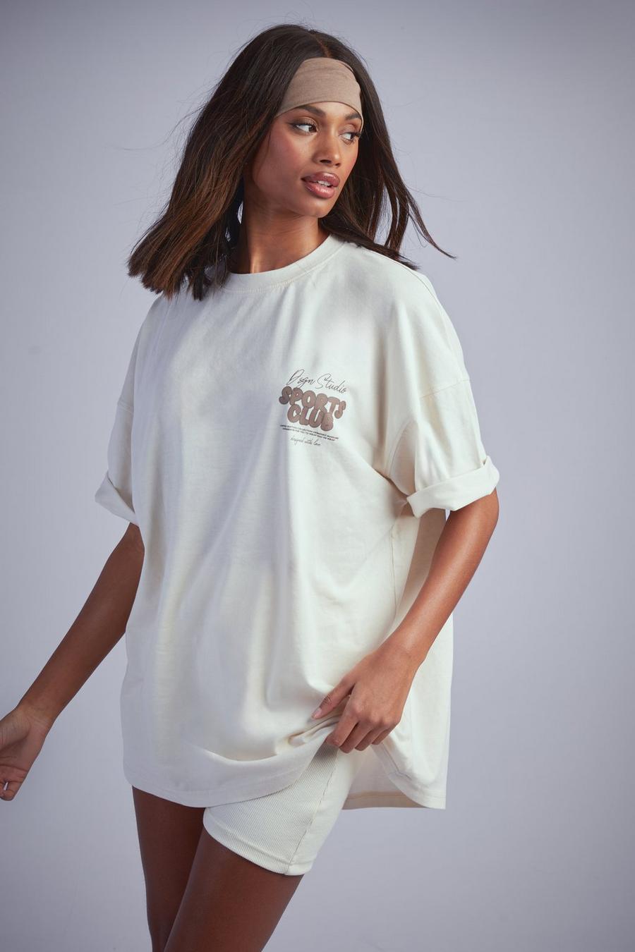 T-shirt oversize con slogan Dsgn Studio Sports a bolle d’aria, Stone