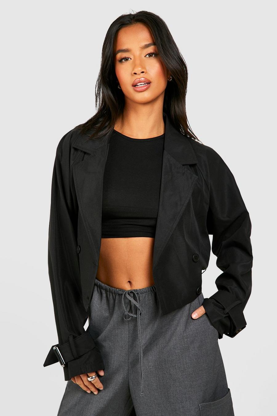 Black Petite Belted Buckle Detail Crop Trench  image number 1