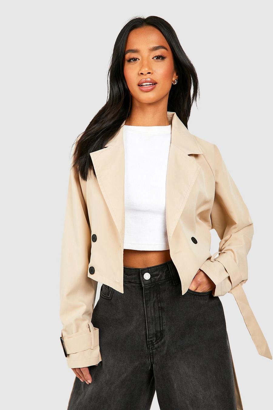 Stone Petite Belted Buckle Detail Crop Trench 