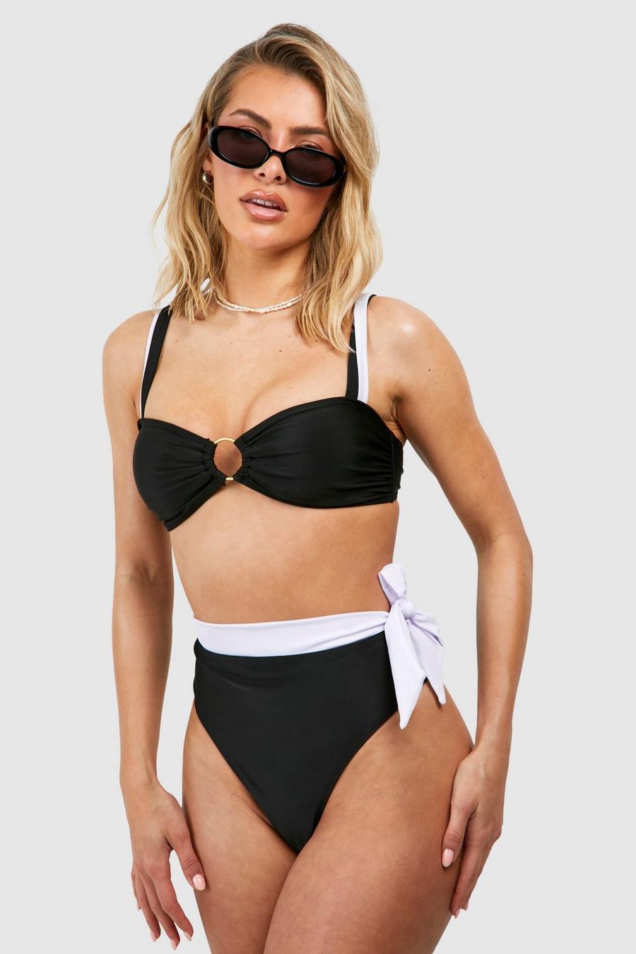 Black Monochrome Color Block Bikini Broekje Met Ceintuur En Hoge Taille