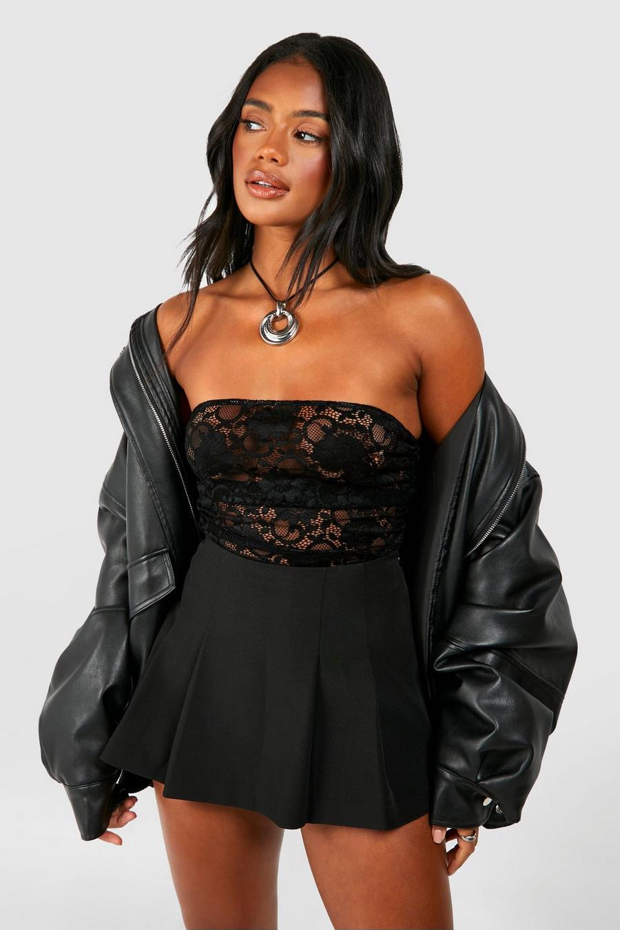 Black Lace Ruched Tube Top