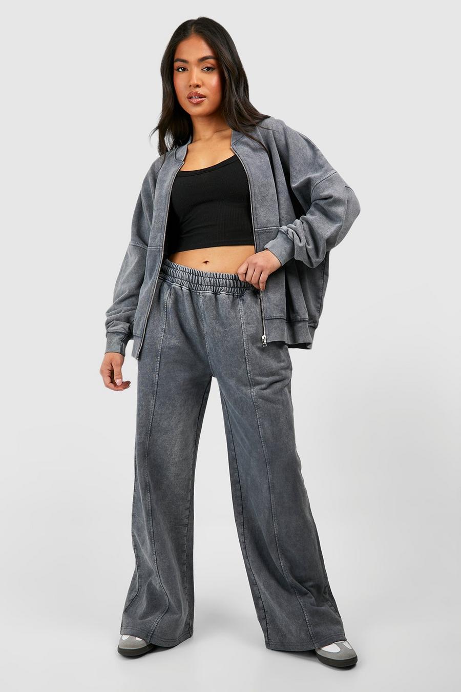 Charcoal Petite Washed Zip Through Bomber Straight Leg Tracksuit