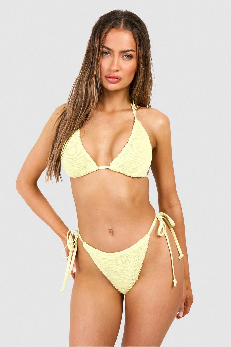 Yellow Textured Ruffle O-ring Plunge Swimsuit
