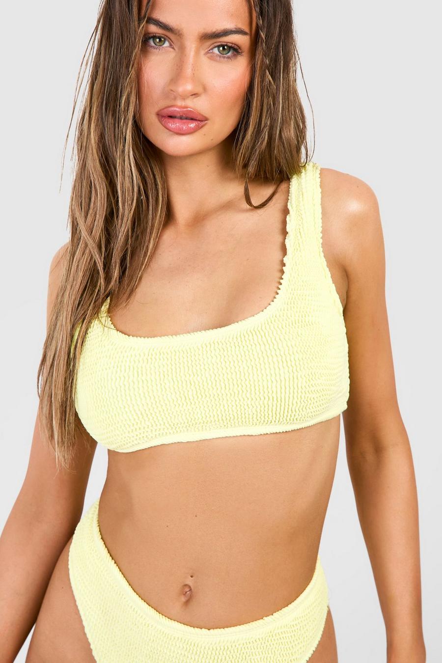 Yellow Gekreukelde Premium Bikini Top Met Lage Ronde Hals