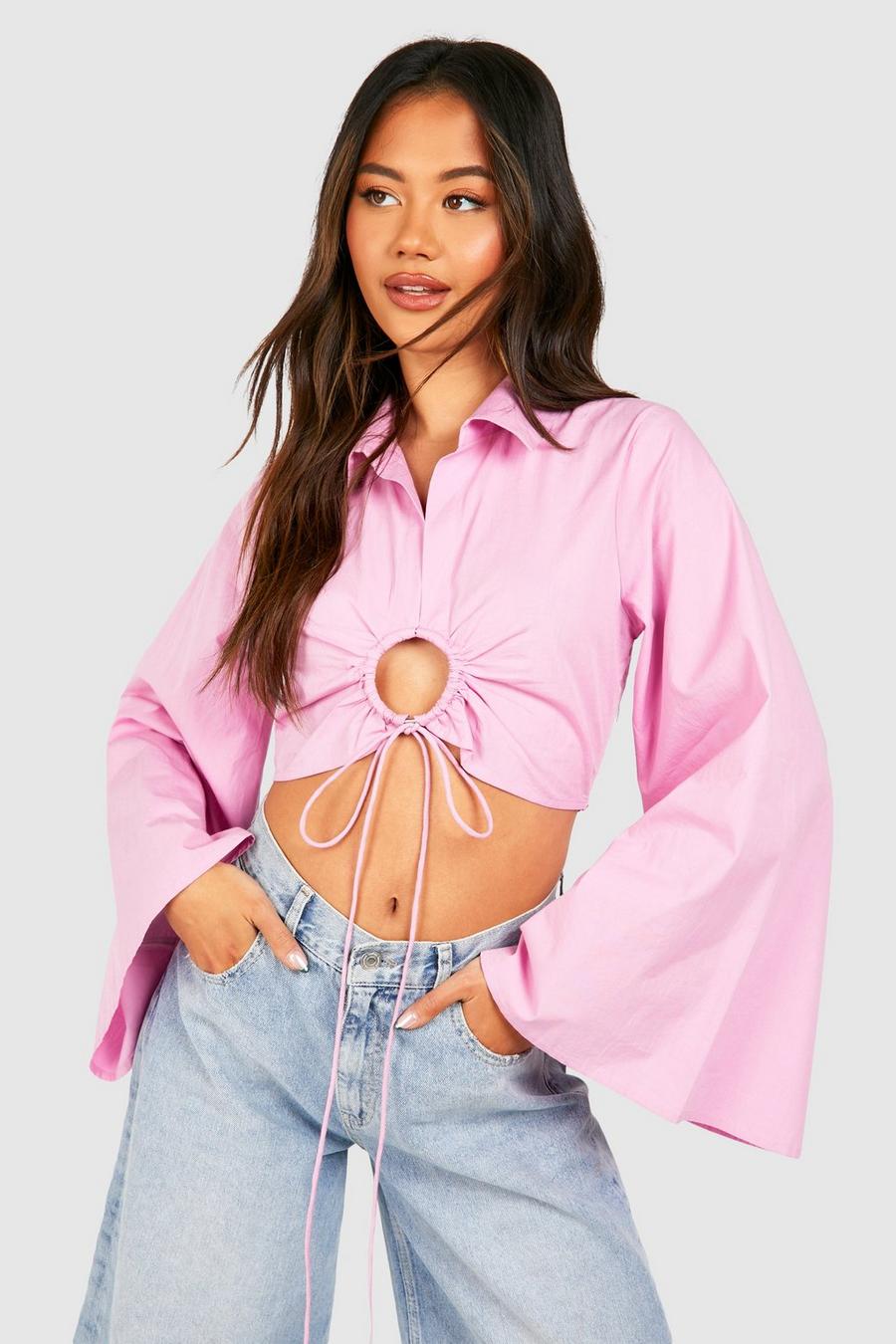Chemise courte froncée à col contrastant, Pink