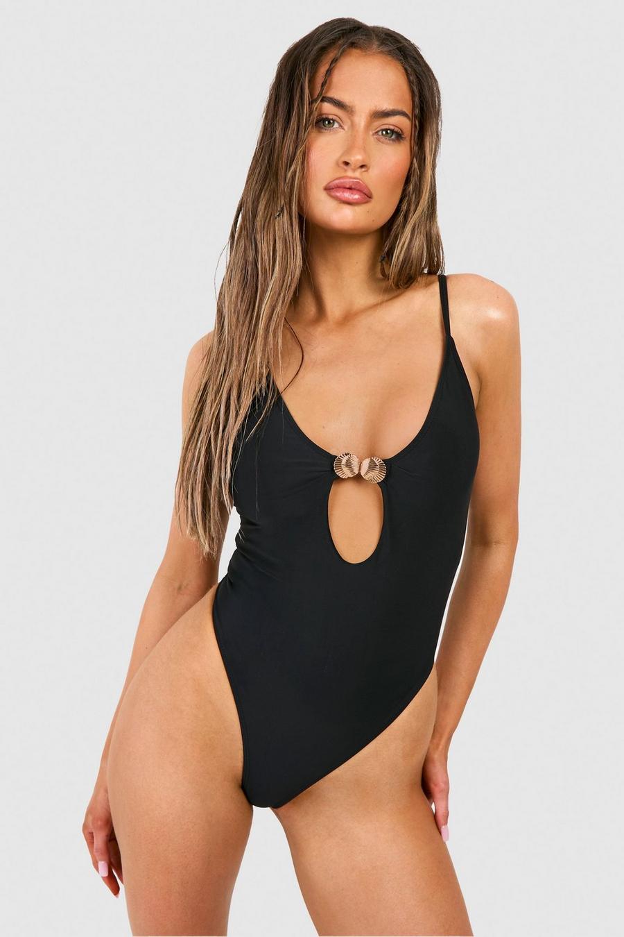 Black Shell Trim Cut Out Strappy Swimsuit image number 1