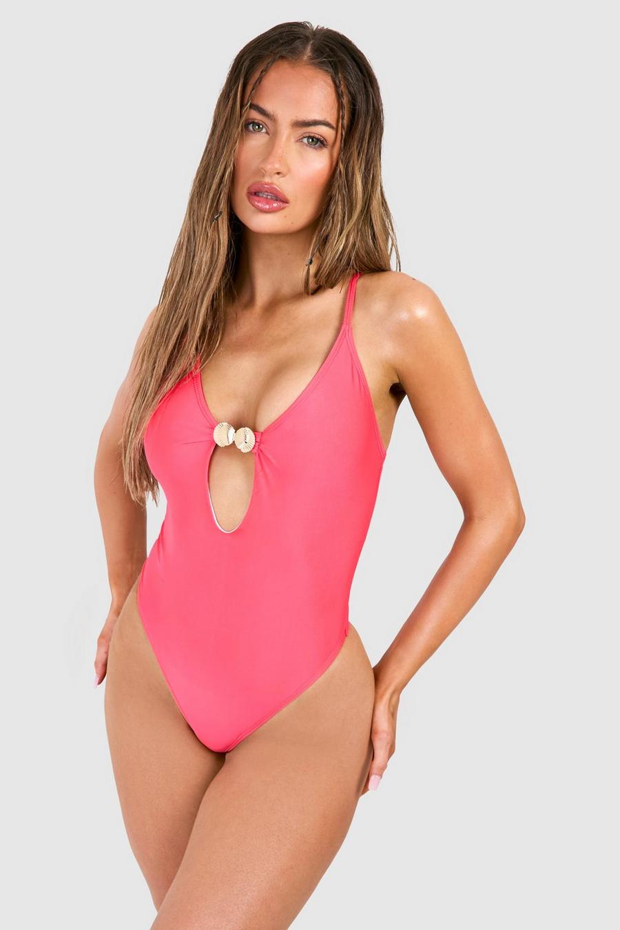 Coral pink Shell Trim Cut Out Strappy Swimsuit