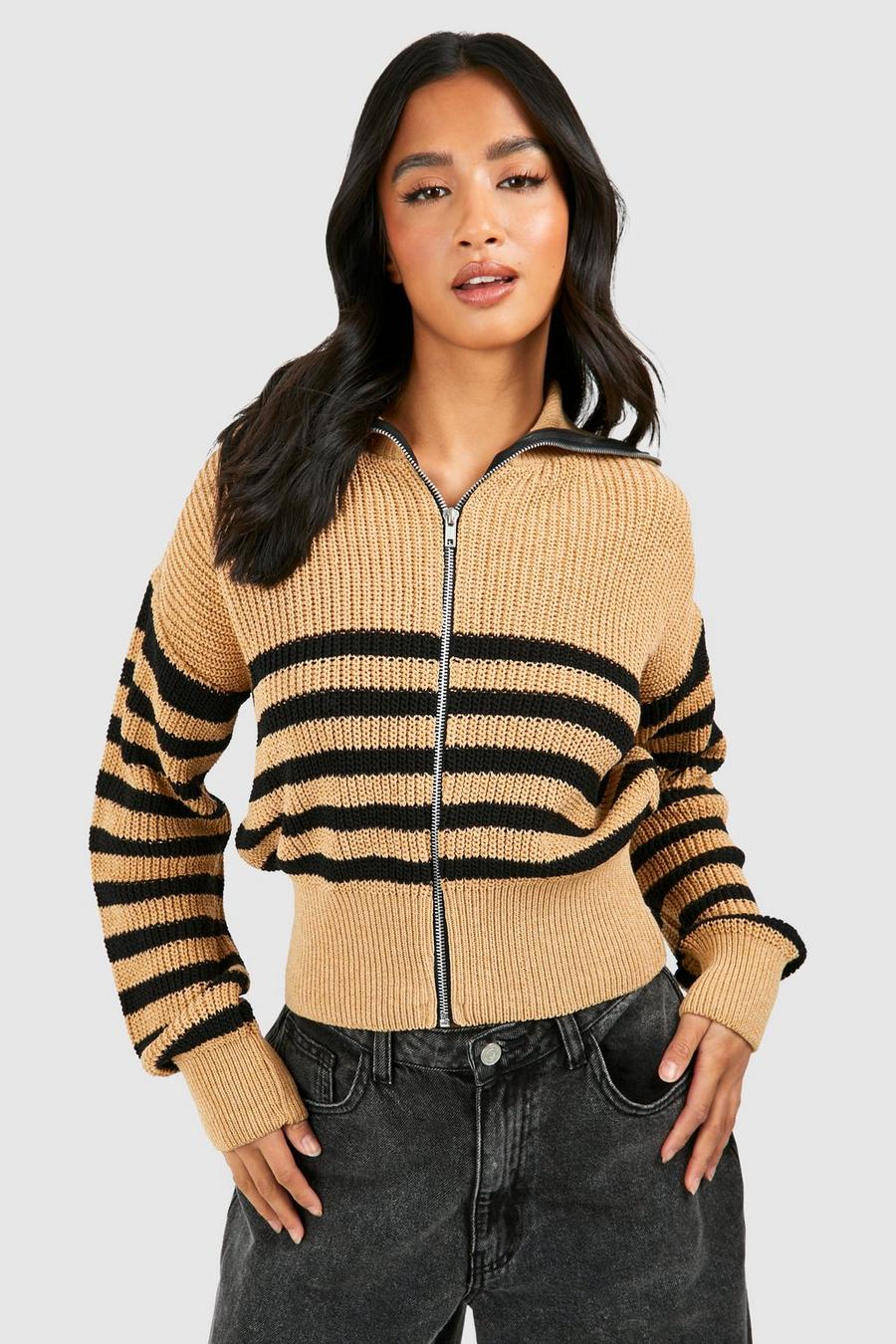 Cardigan Petite a righe con zip, Camel image number 1