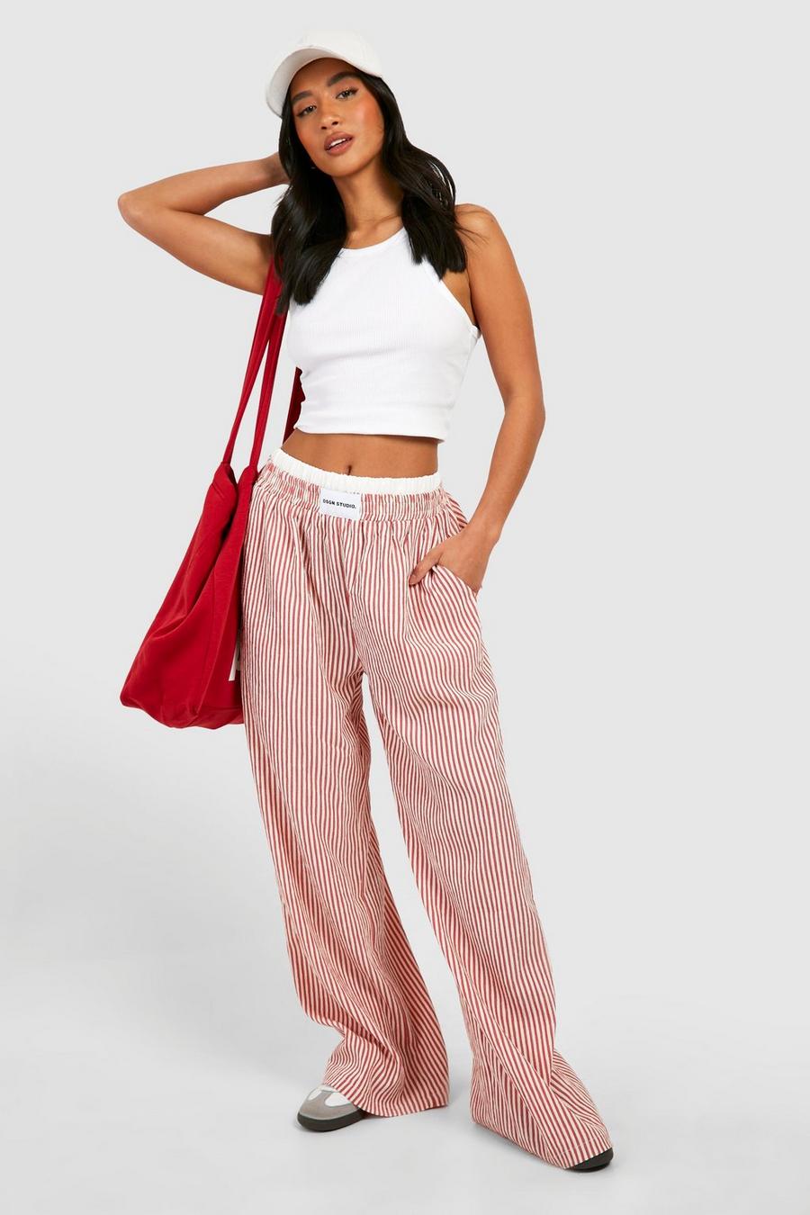 Red Petite Contrast Waistband Pinstripe Pants