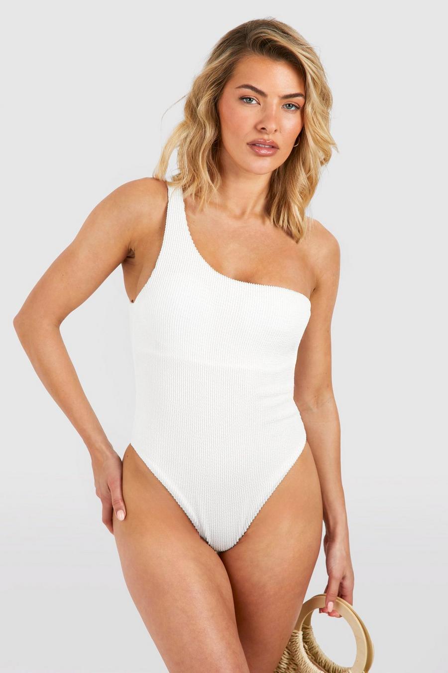 White Premium Crinkle One Shoulder Swimsuit image number 1