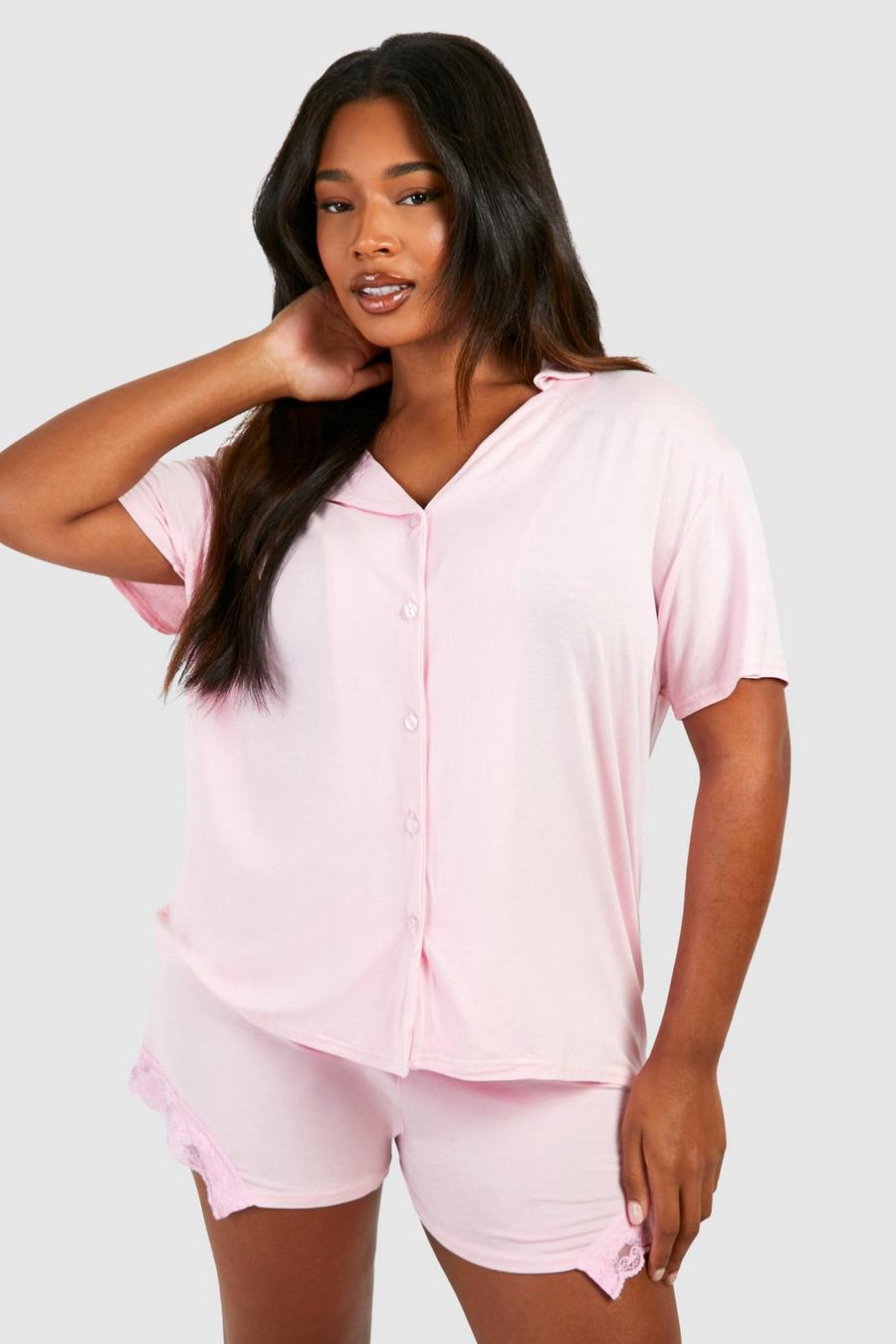 Set pigiama corto Plus Size con bottoni vellutati e dettagli in pizzo, Pink