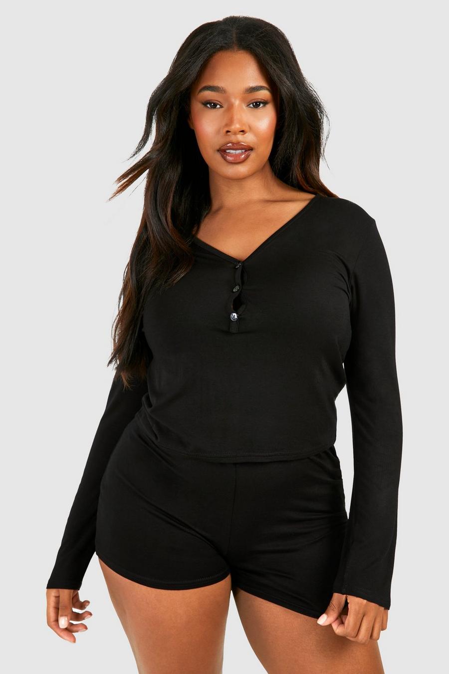 Black Plus Peached Long Sleeve Button Front Short Set