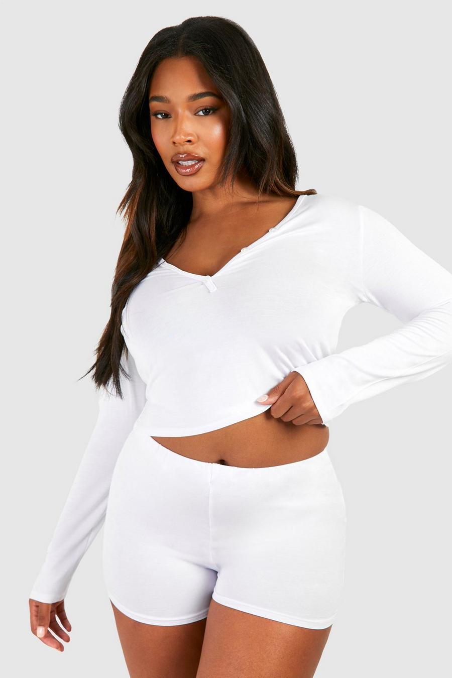 White Plus Peached Long Sleeve Button Front Short Set image number 1
