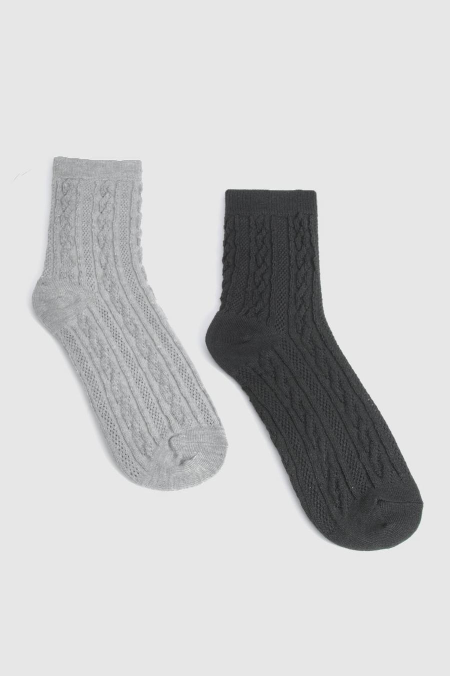 2er-Pack Zopfmuster Loungewear-Socken in schwarz und grau, Multi