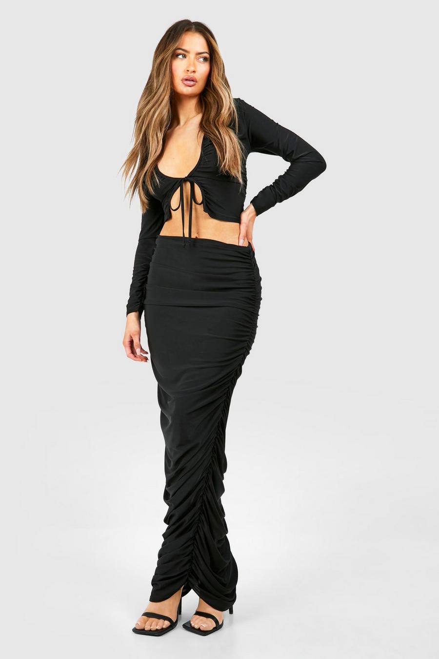 Black Slinky Tie Front Ruched Long Sleeve Top & Midi Skirt