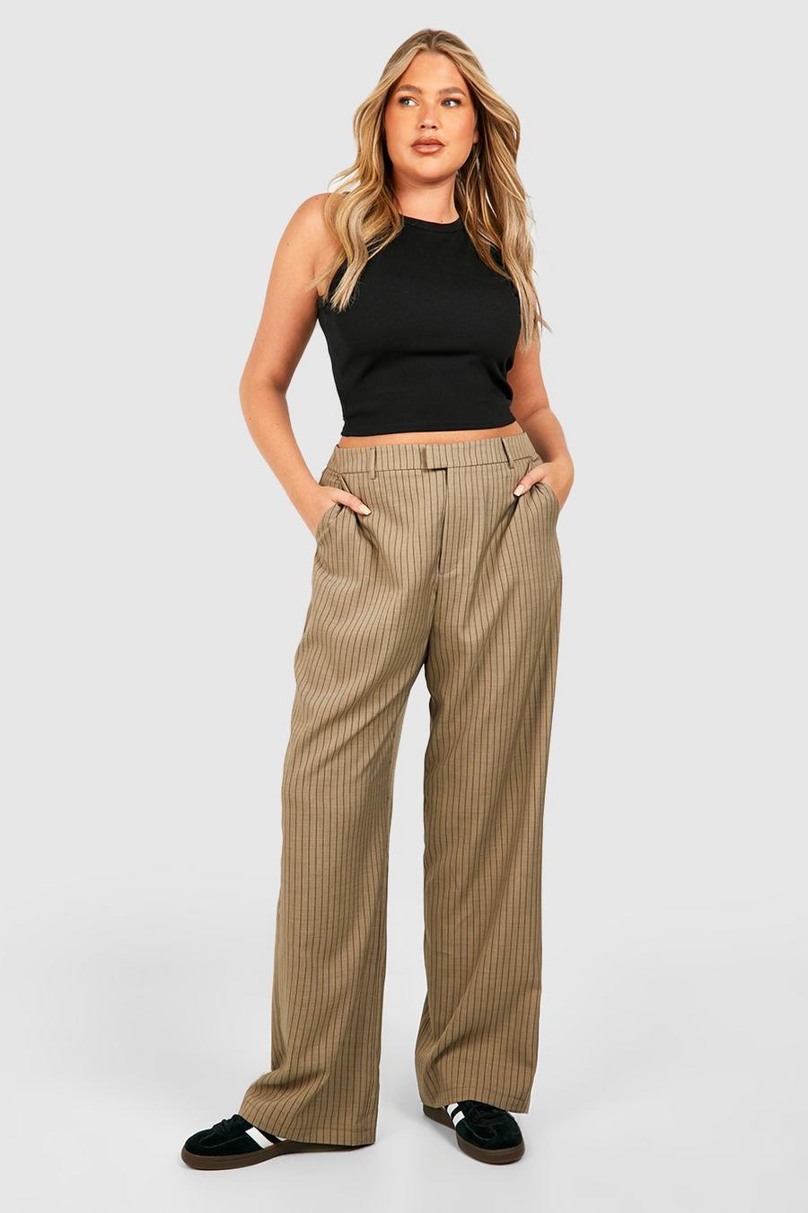 Taupe Plus Linen Look Pinstripe Straight Leg Trousers