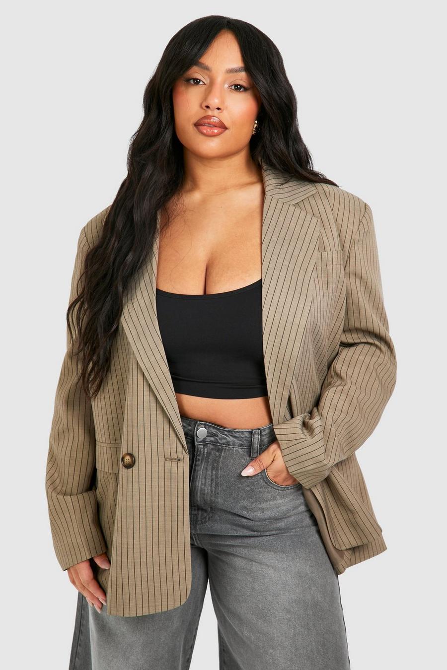 Taupe Plus Linen Look Pinstripe Double Breasted Blazer image number 1