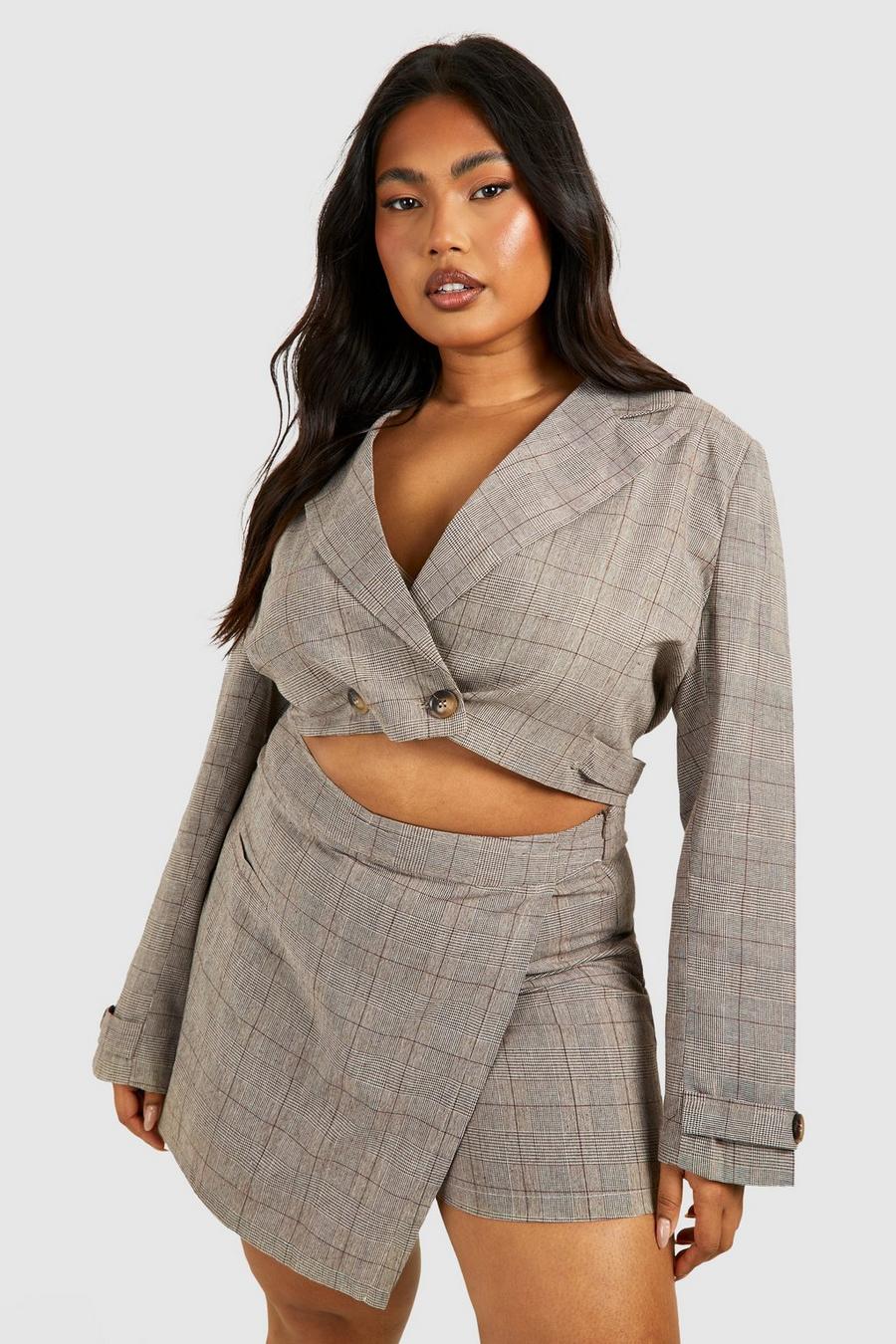 Taupe Plus Linen Look Mini Check Boxy Crop Blazer image number 1