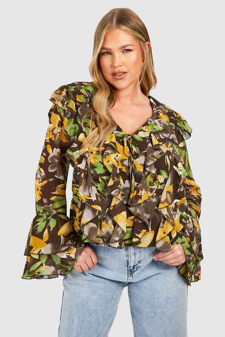 Chocolate Plus Floral Extreme Ruffle Flare Sleeve Blouse