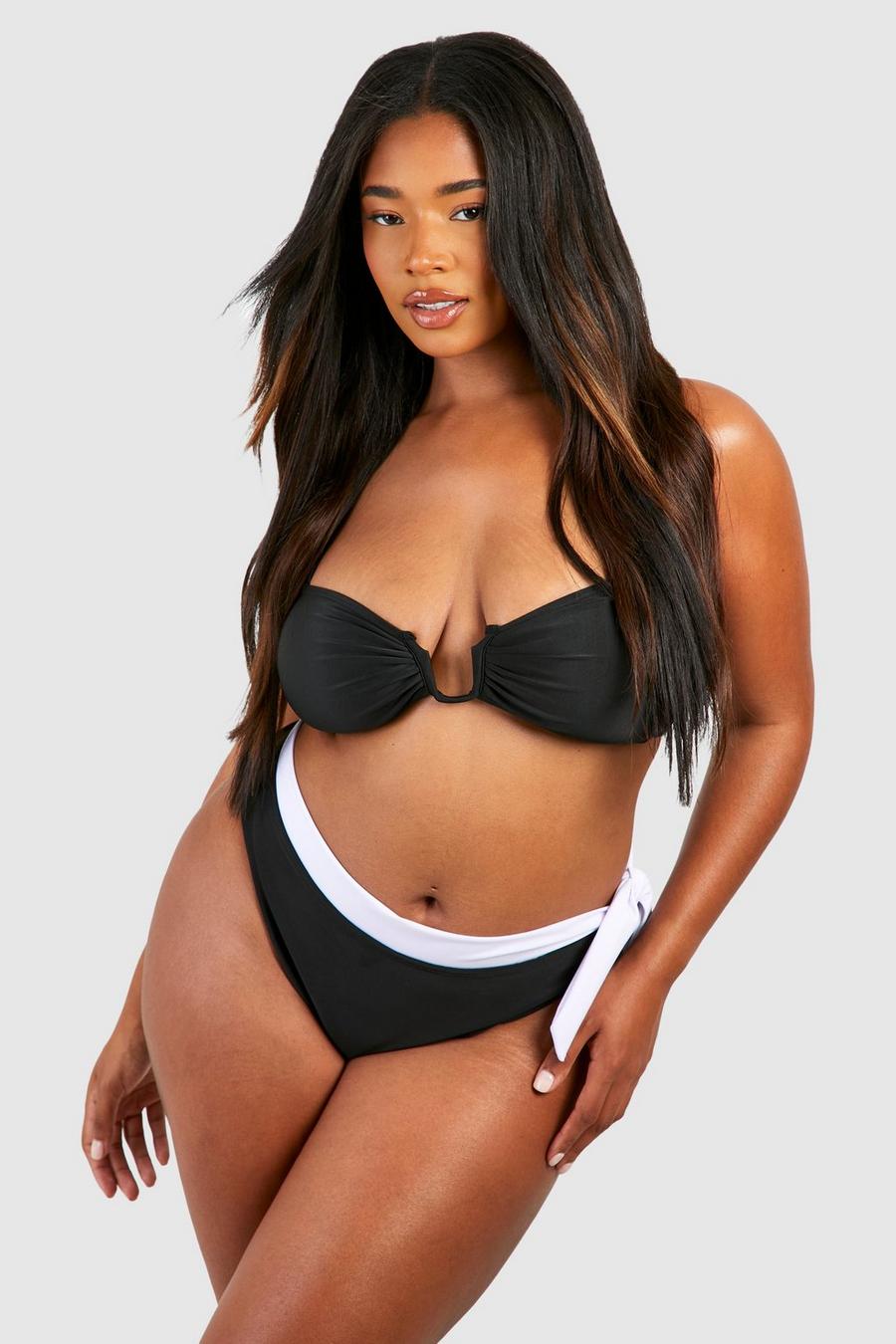 Bikini Plus Size a vita alta monocromatico a contrasto, Black image number 1