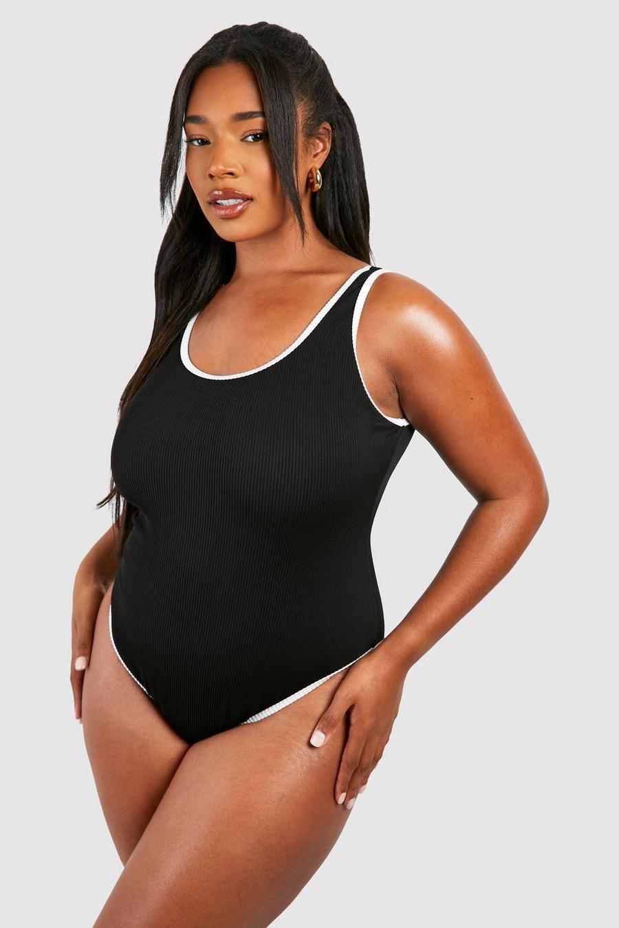 Black Plus Mono Scoop Neck Textured Swimsuit image number 1