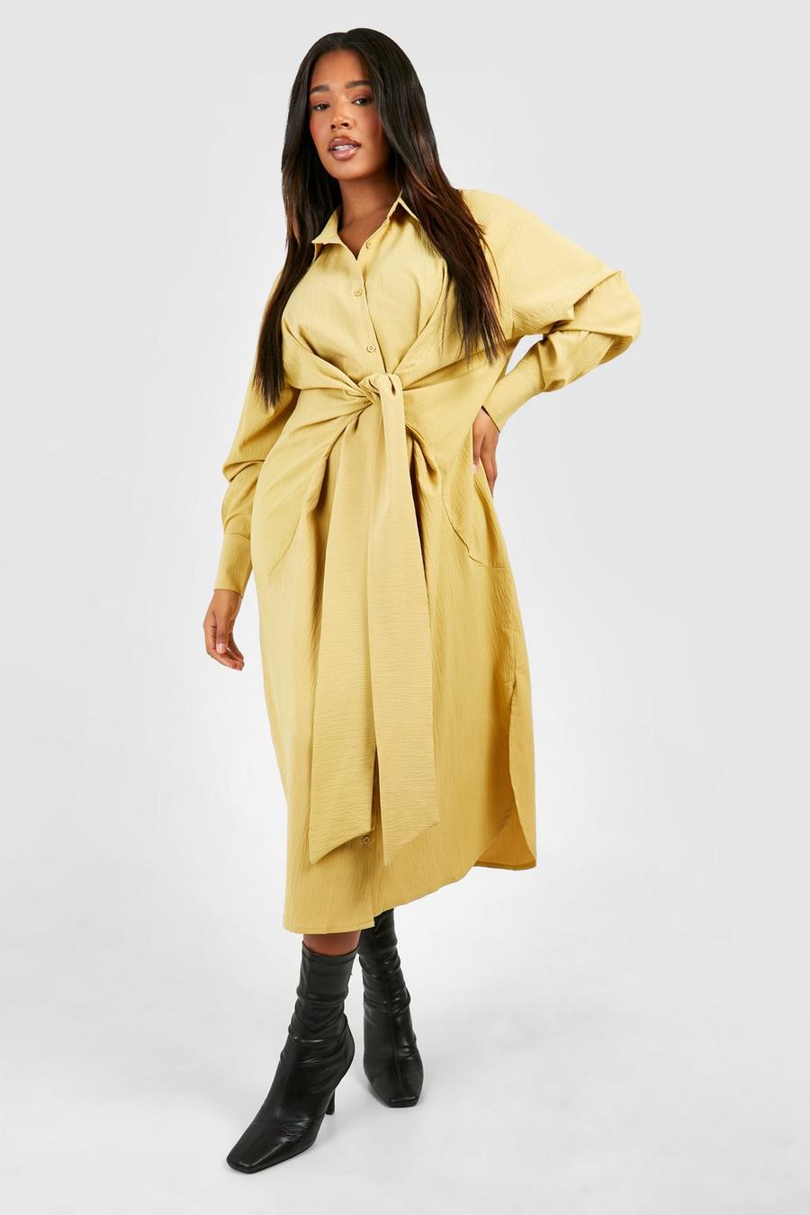 Olive Plus Textured Woven Tie Front Midi Shirt Dress