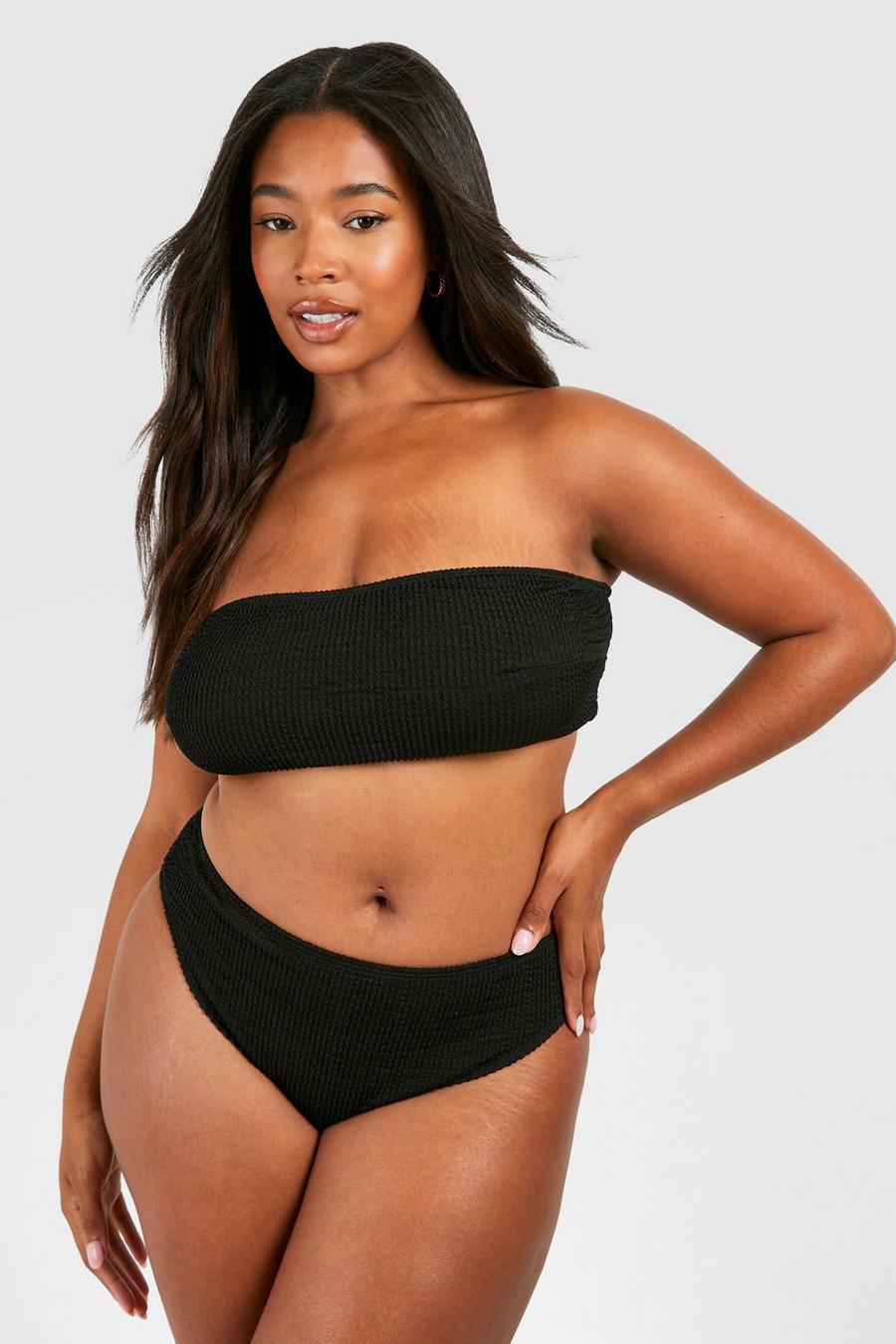 Bikini Plus Size a fascia contenitivo a effetto goffrato, Black