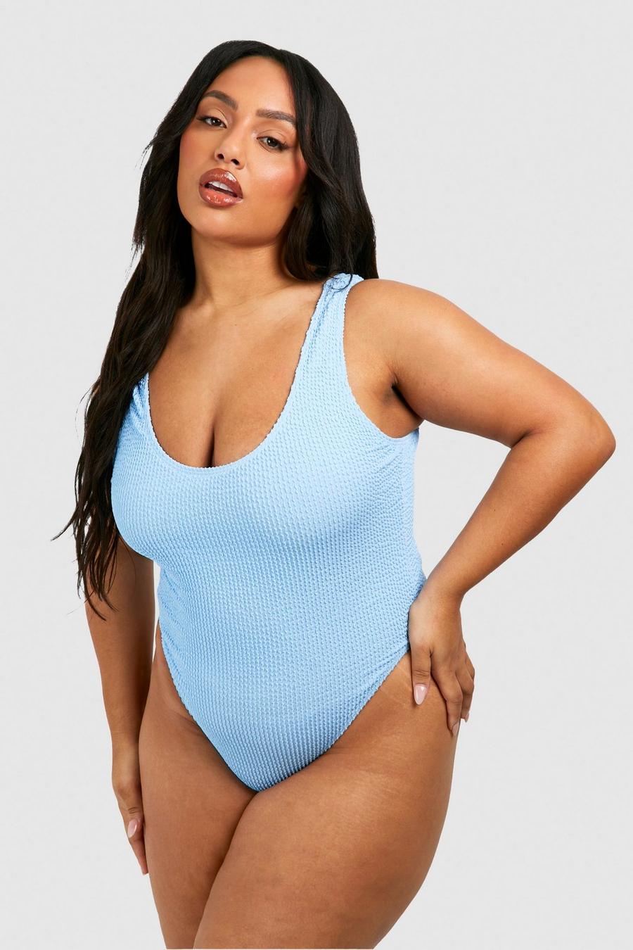 Costume intero Plus Size contenitivo a effetto goffrato, Blue